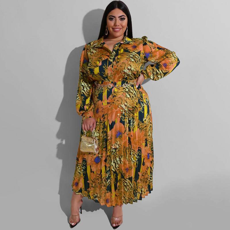 Elegant Plus Size Autumn Winter Printed Maxi Dress  1XL Orange 