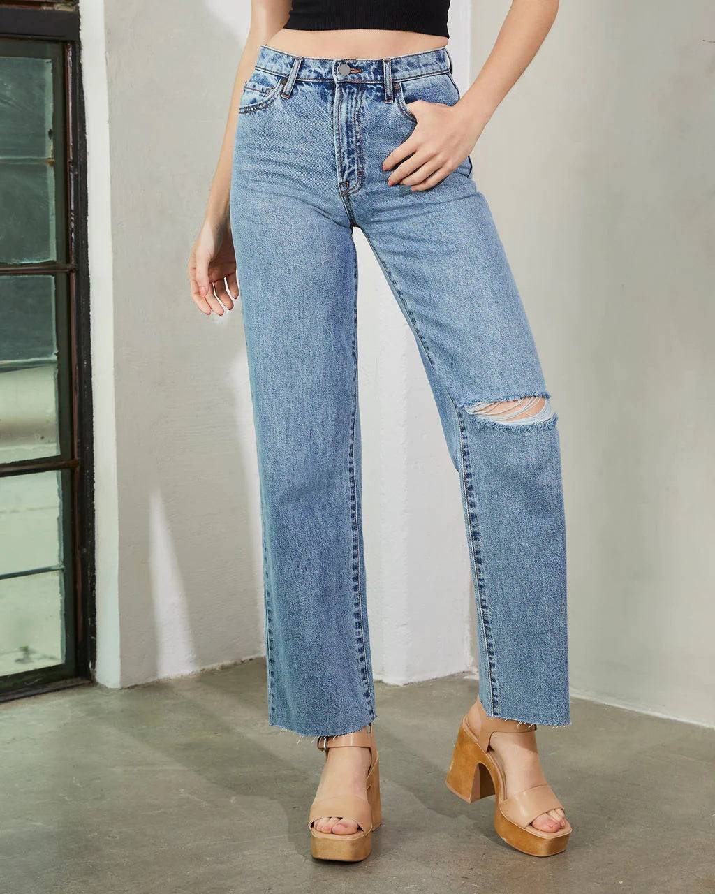 High-Rise Frayed Hem Straight Leg Denim Pants for Women  S Blue 