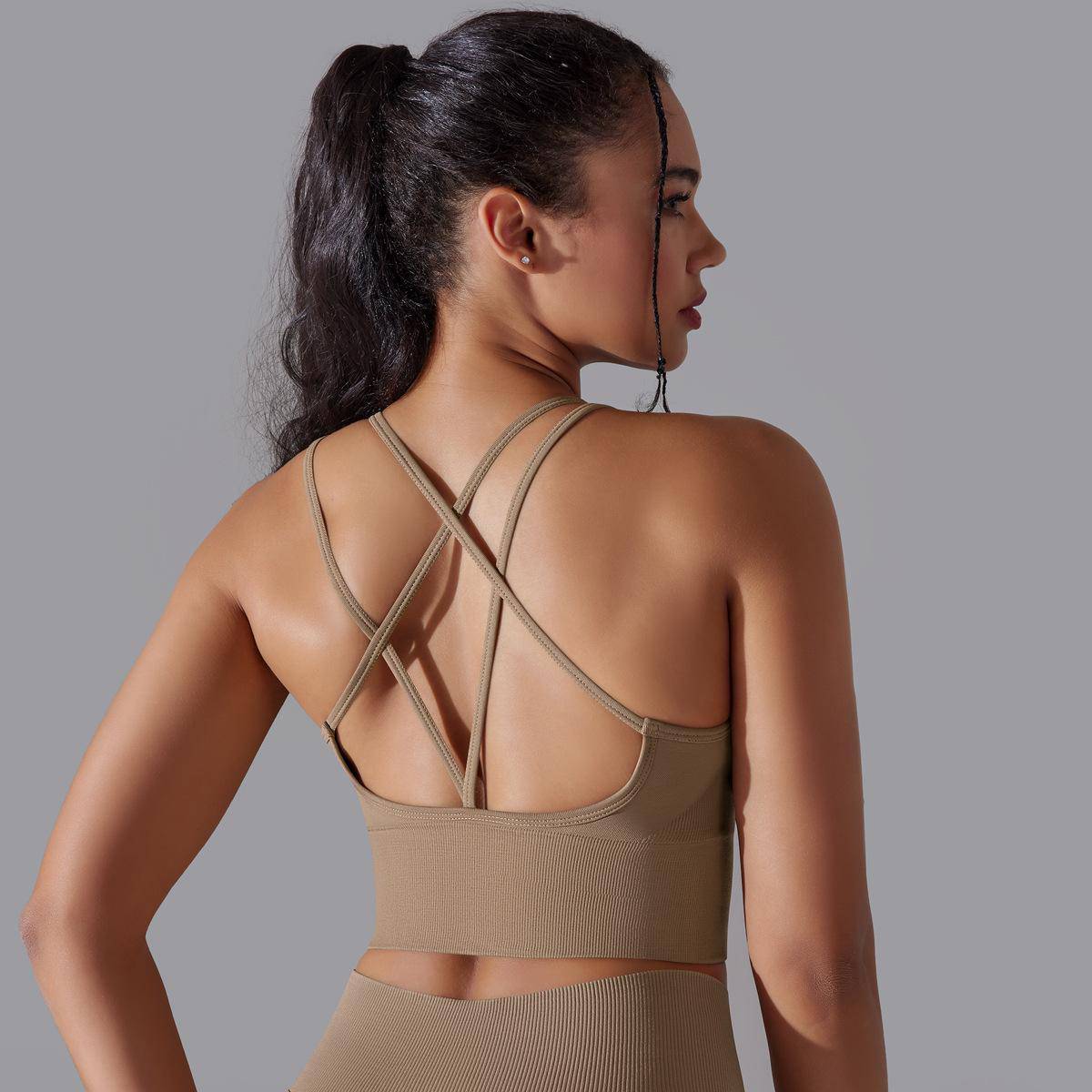 Seamless Cross Beauty Back Yoga Set for Women  S Cross Bra-Cocoa Color 