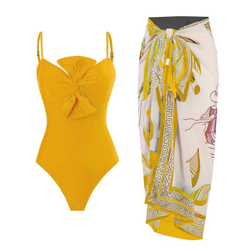 French Retro Bow Design One-Piece Swimsuit for Women  XL Y187 Yellow Suit 