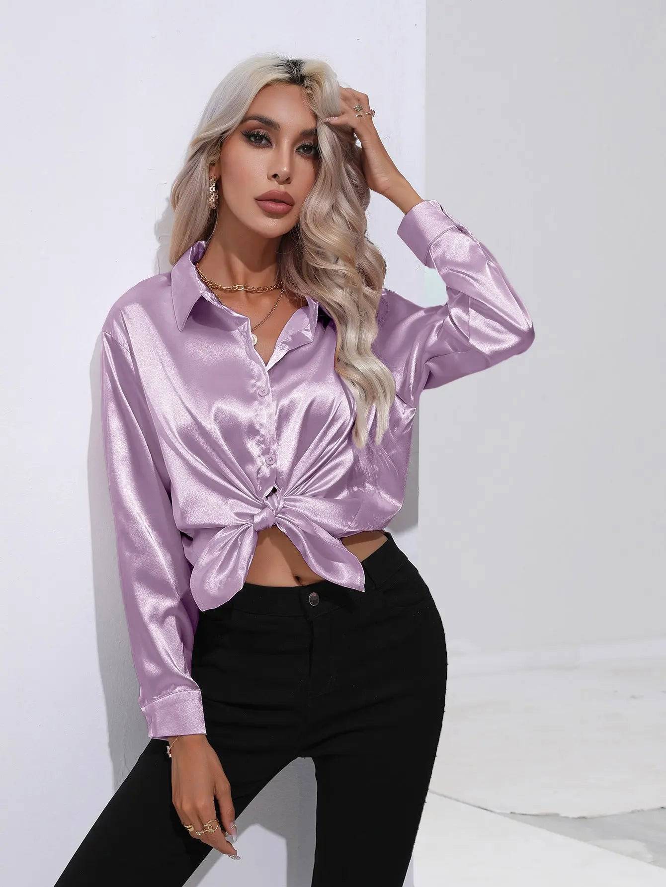 Elegant Satin Long Sleeve Shirt for Women - Spring/Summer Collection  S violet 