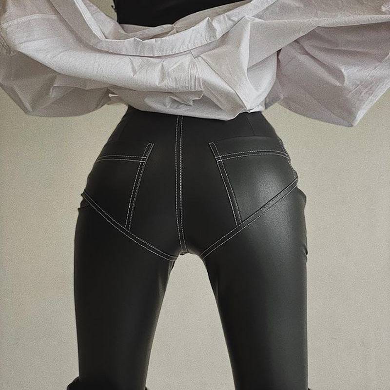 Stretch Faux Leather High-Waisted Leggings with Hip-Lifting Stitch Detail  S Black 