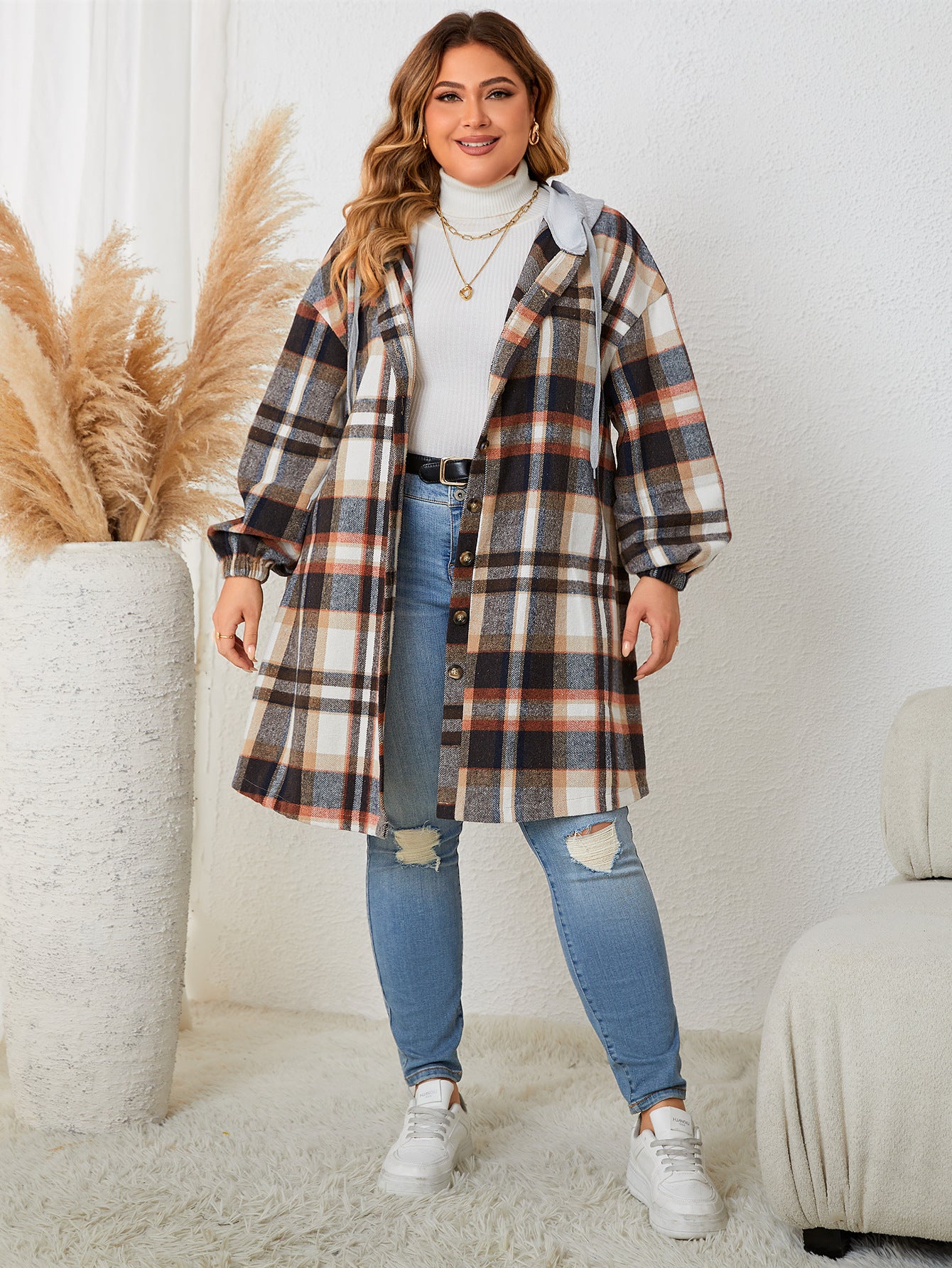 Plus Size Autumn Winter Women Girls Plaid Hooded Mid Length Coat for Women - Wild Amber Fashion