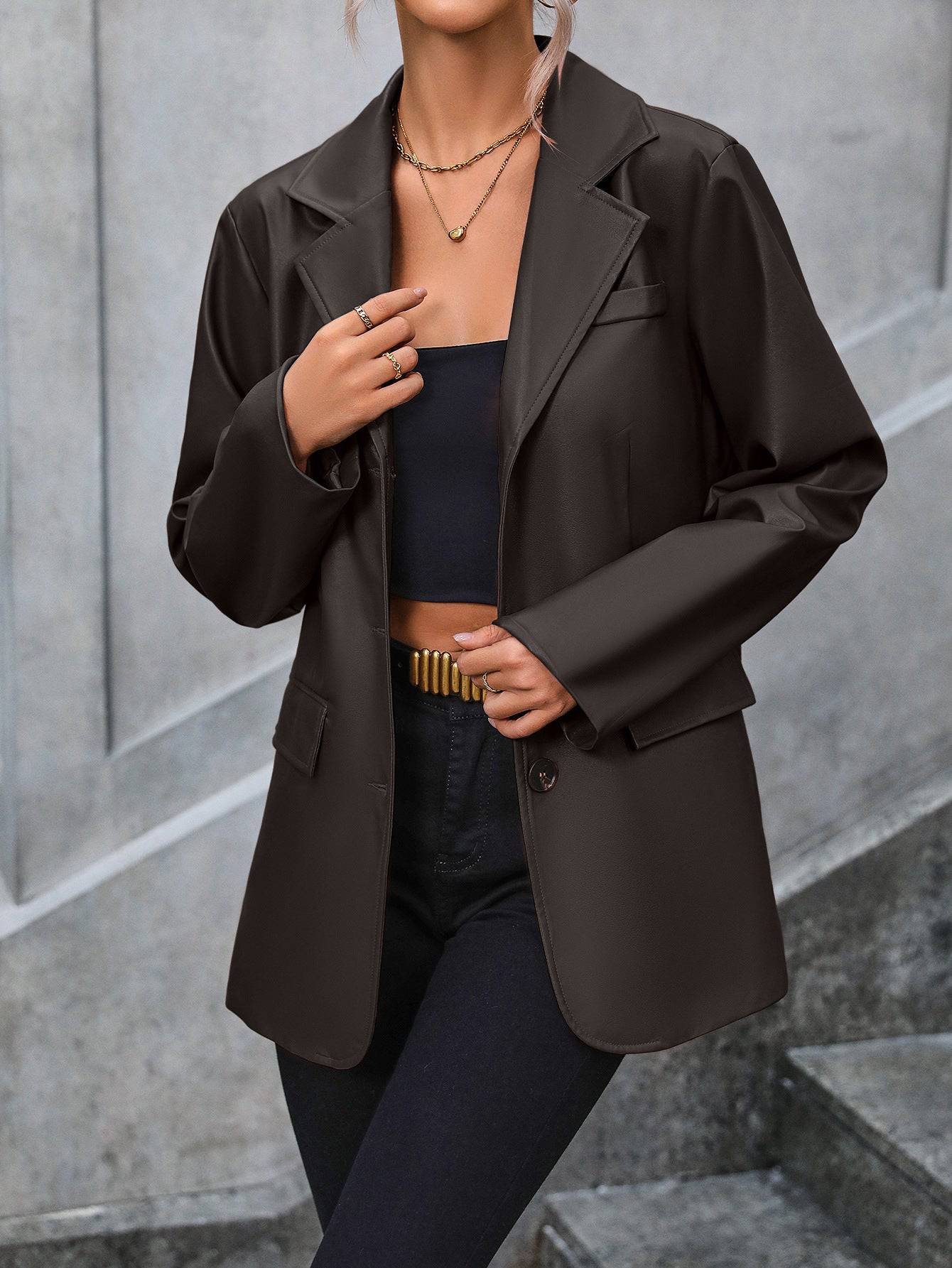 Faux Leather Single Breasted Blazer Tops for Women  S Coffee 