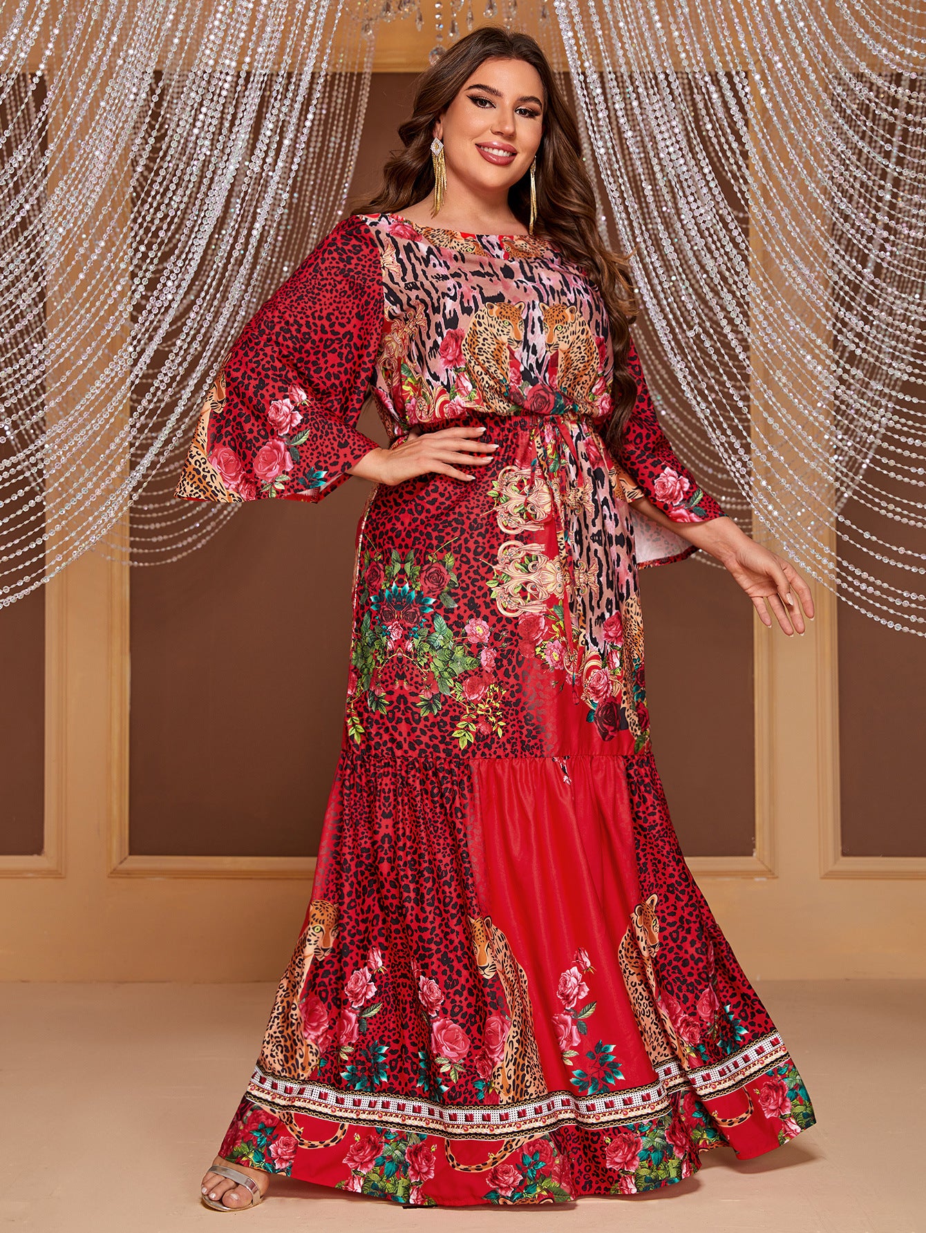 Plus Size Printed 3/4 Sleeves Dress Bright Red Featured Printed Maxi Dress - Wild Amber Fashion