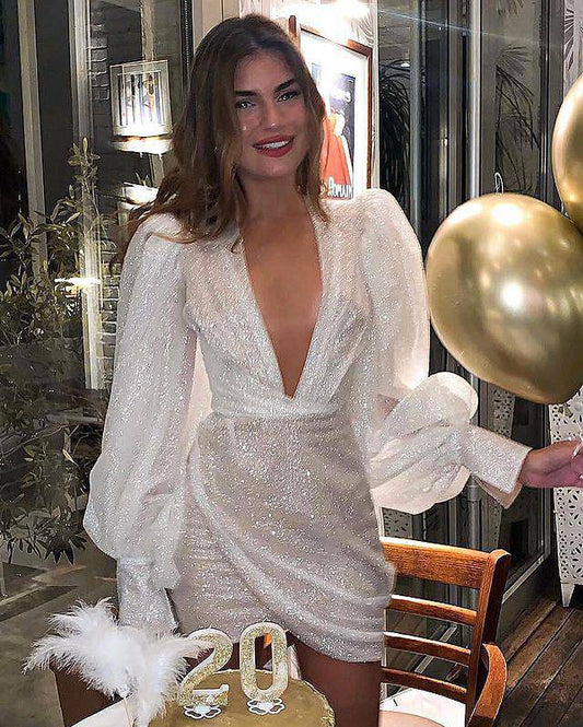 Sexy Shimmering Sequin V-Neck Dress  S White 