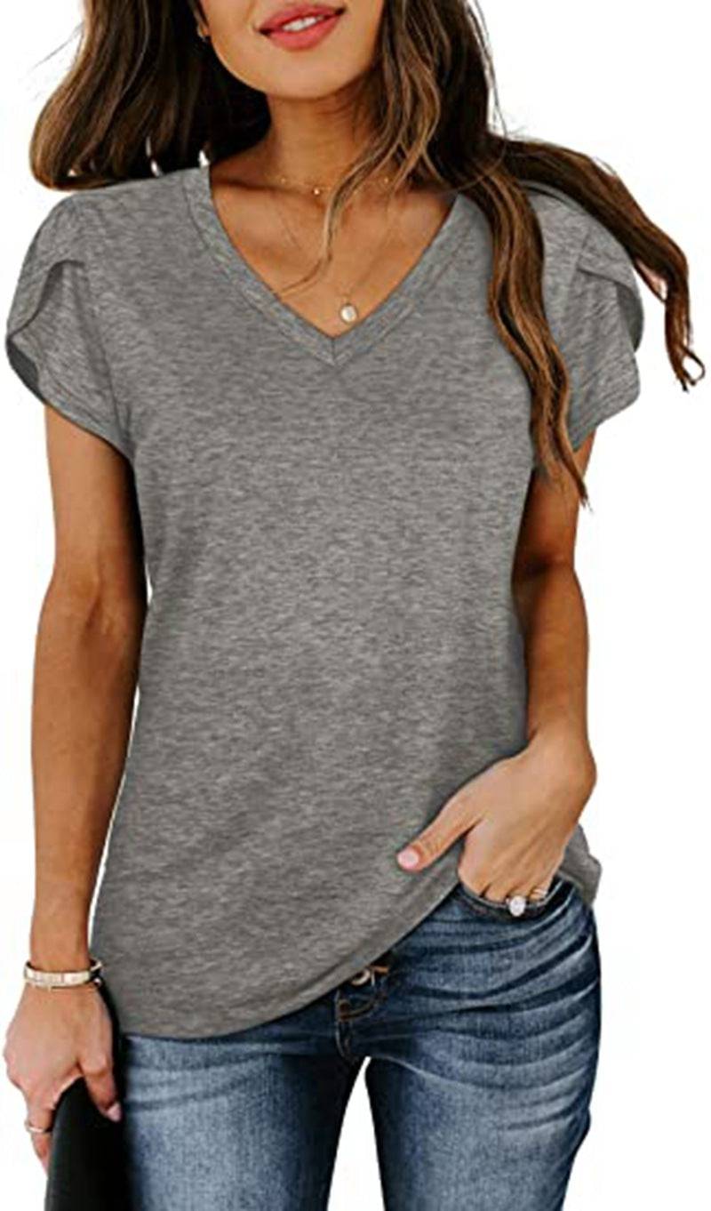 Women's Summer V-Neck Cotton T-Shirt  S Gray 