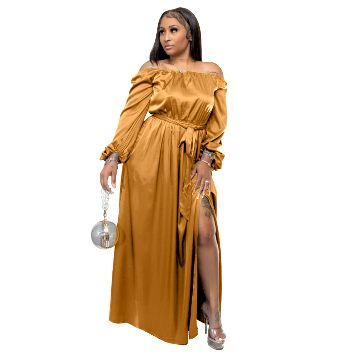 Plus Size Women Sexy Chest Wrapped off Shoulder Lace up Large Dress Lantern Sleeve Dress - Wild Amber Fashion