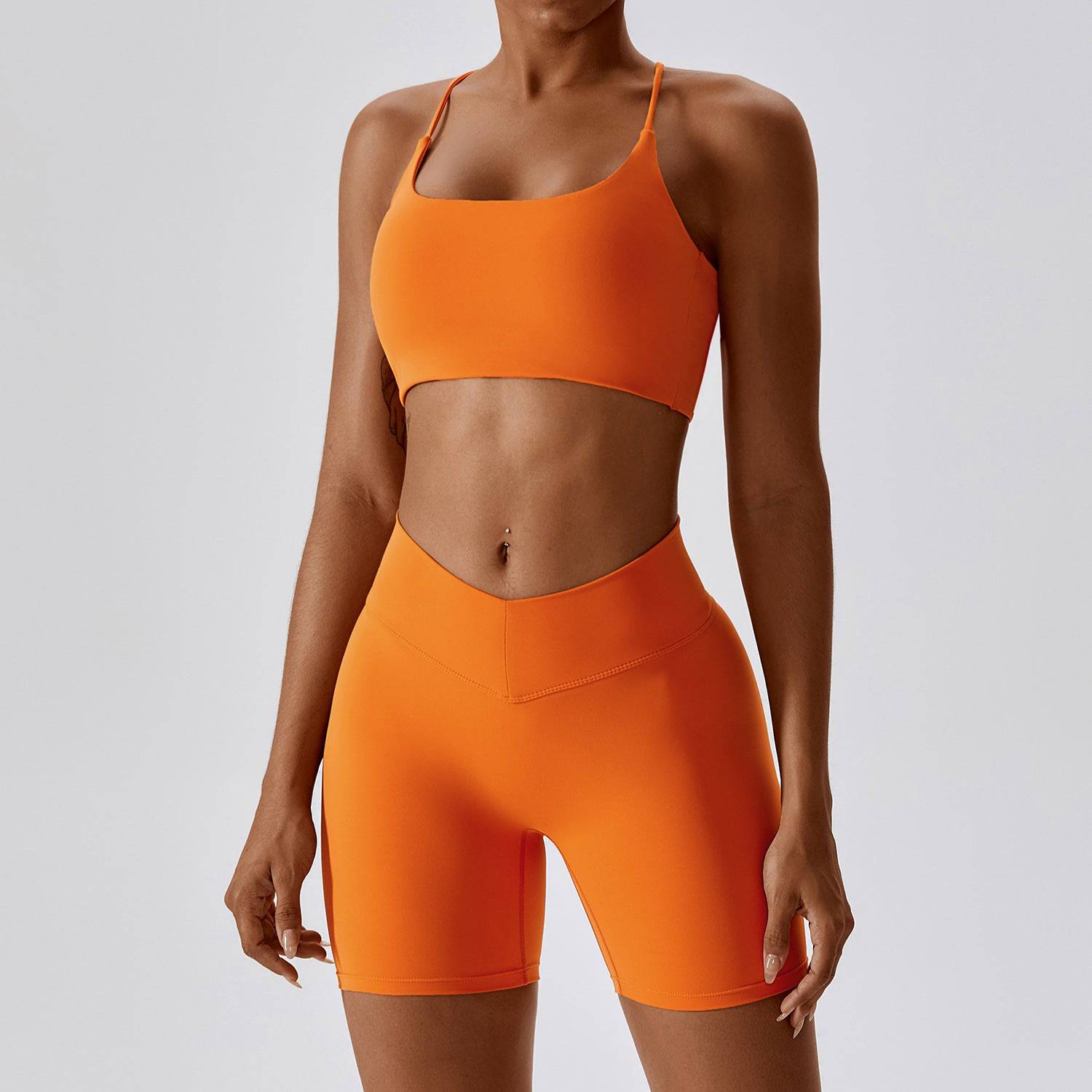 Stylish and Comfortable Yoga Clothes with Sexy Back Design for Women  8/S Spaghetti Strap Bra Shorts Tropical Orange 