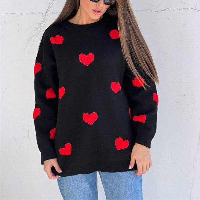 Love Embroidered Crew Neck Autumn Winter Sweater Women Loose Casual Thickening Top Sweater  S Black 