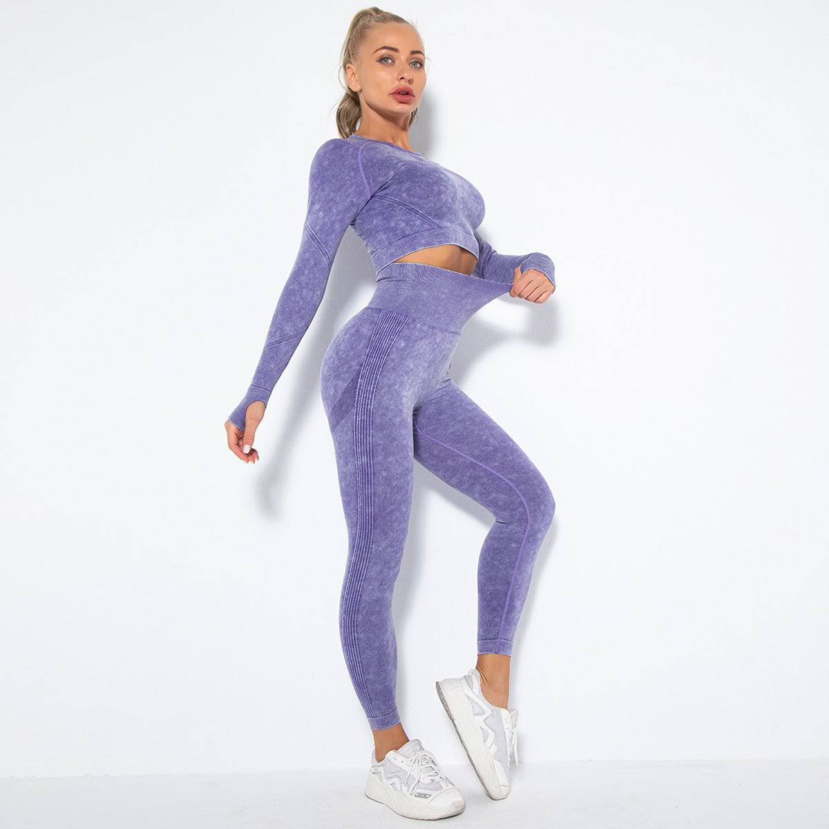 Internet Celebrity Seamless Washed Smile Yoga Suit Outdoor Sports Workout Sexy Hip Yoga Pants  S Long Sleeve Trousers Suit-Washed Purple 