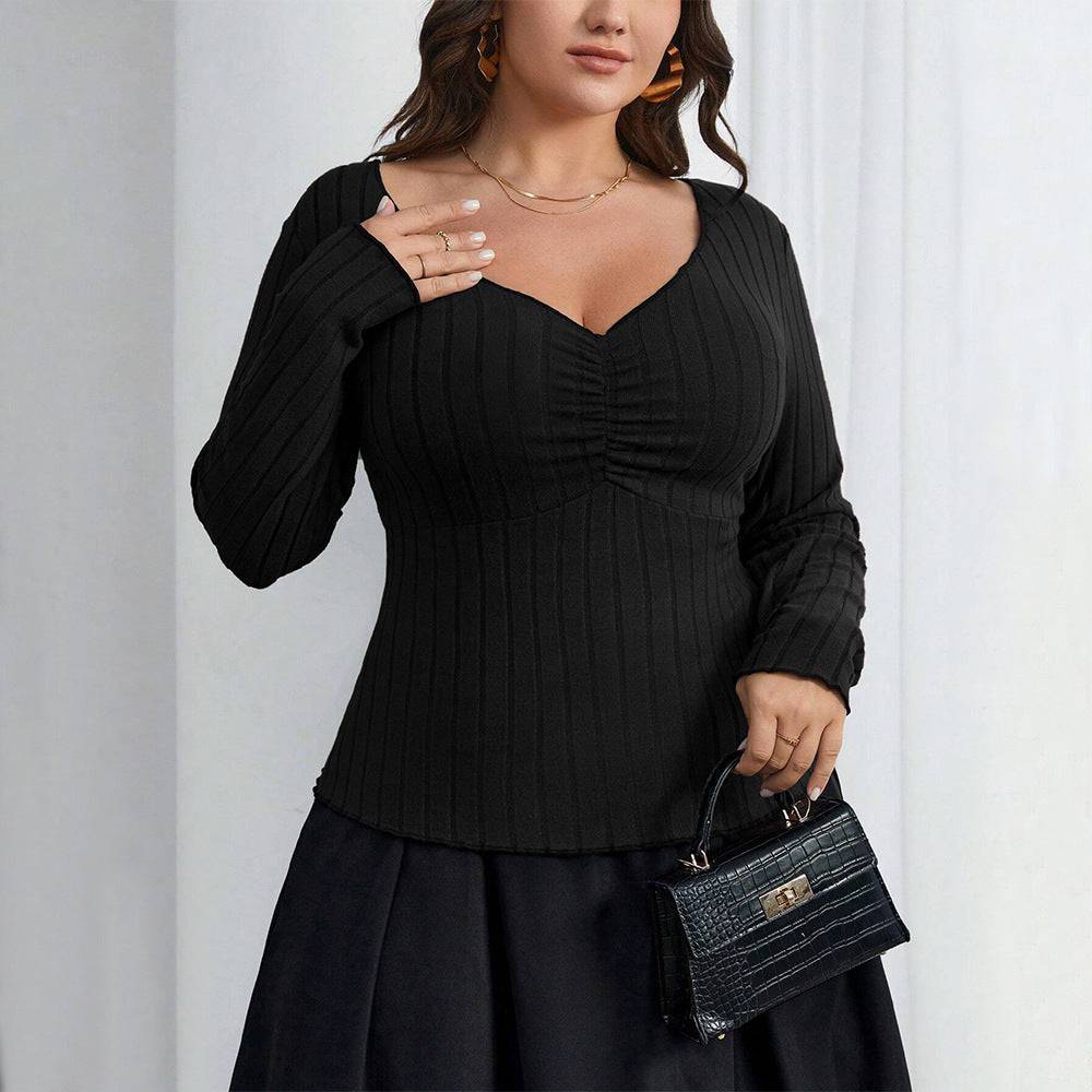 Plus Size Women Clothes Elegant Intellectual T shirt Autumn Winter Square Collar Slim Long Sleeve Top - Wild Amber Fashion