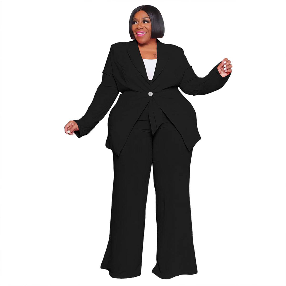 Professional Plus Size Women's Long Sleeve Pants Set with Lace-Up Detail  0XL Black 