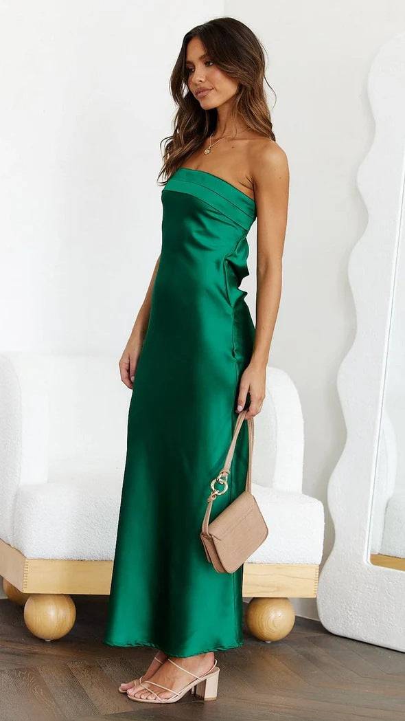 Satin Strapless Maxi Dress with Backless Detail  S Green 