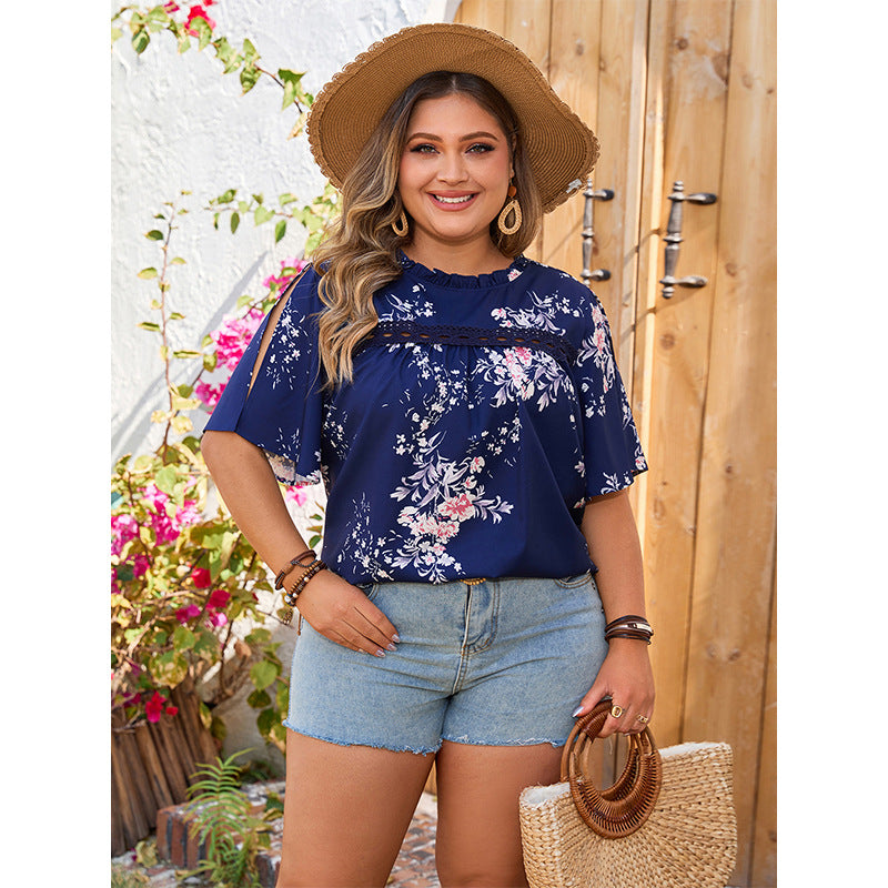 Plus Size Plump Girls Printed Shirt round Neck Loose Casual Design Sleeve Casual Women Shirt - Wild Amber Fashion