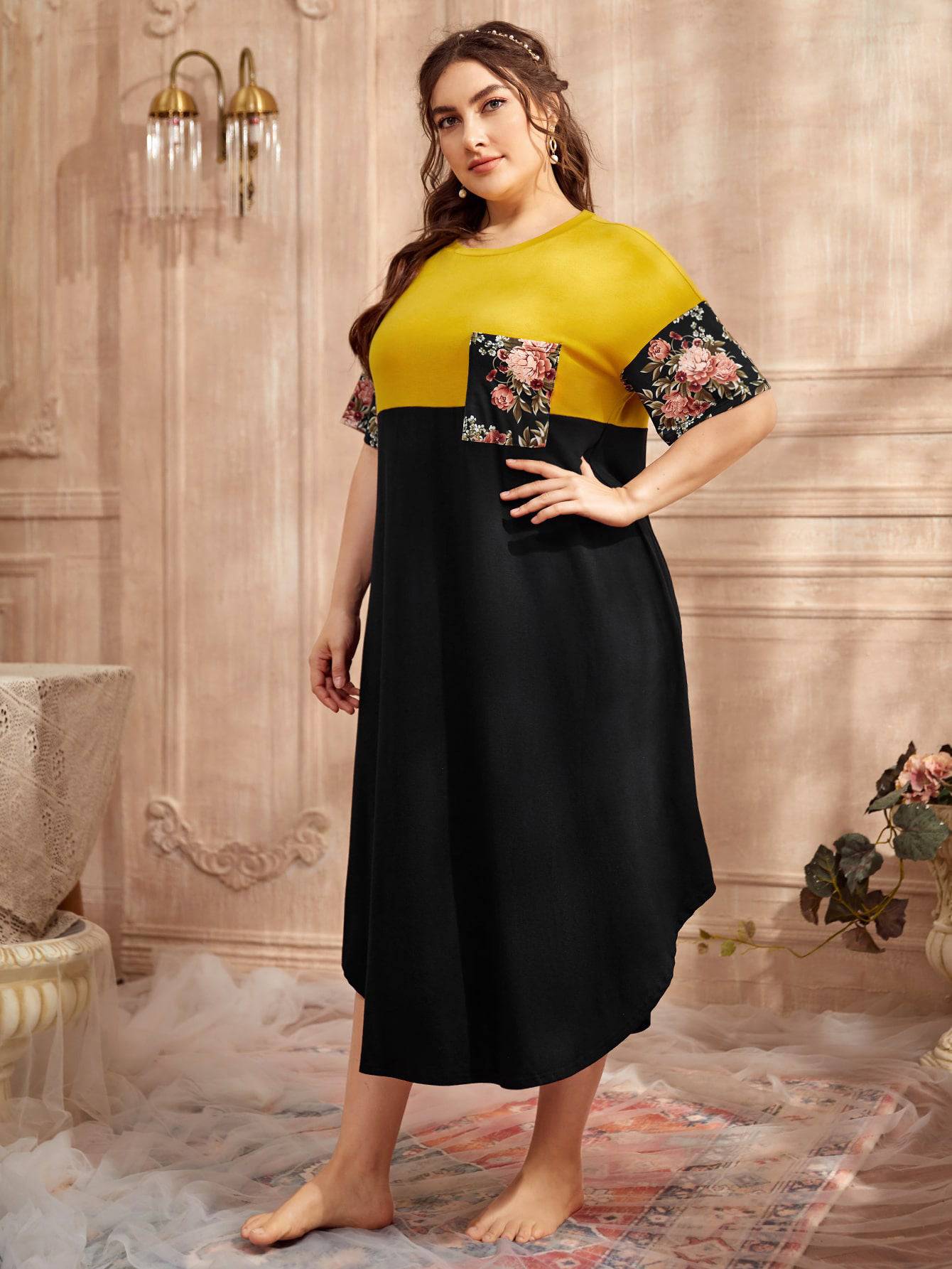 Plus Size Women Clothes Popular Irregular Asymmetric Hem Dress Stitching Printing Color Contrast Short Sleeve Pocket - Wild Amber Fashion