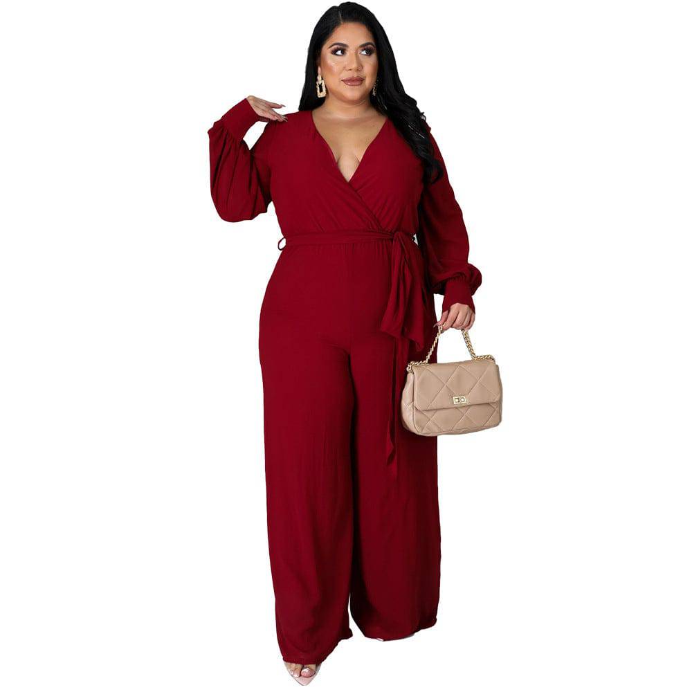 Plus Size Women Loose Straight Solid Color Belt Jumpsuit - Wild Amber Fashion