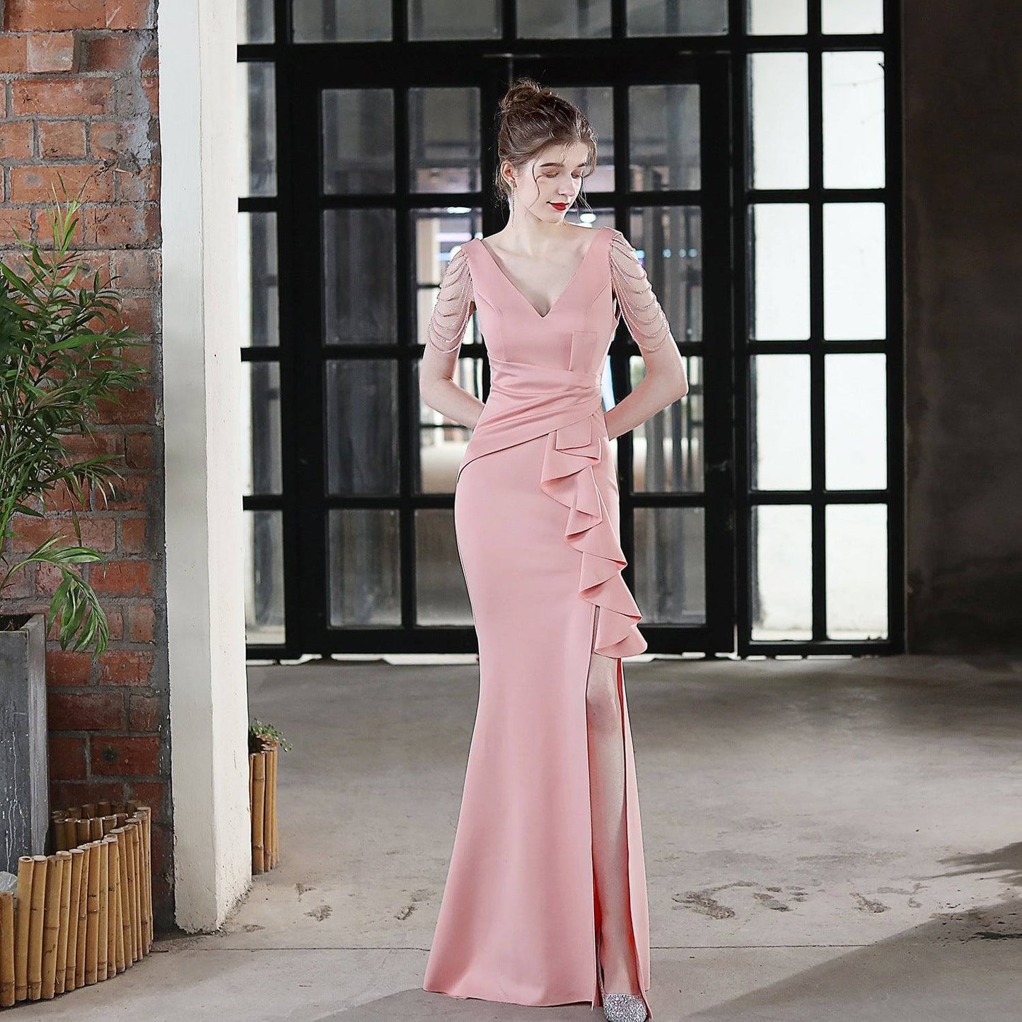 Elegant Slim-Fit Fishtail Wedding Evening Dress with Sling  S Pink 