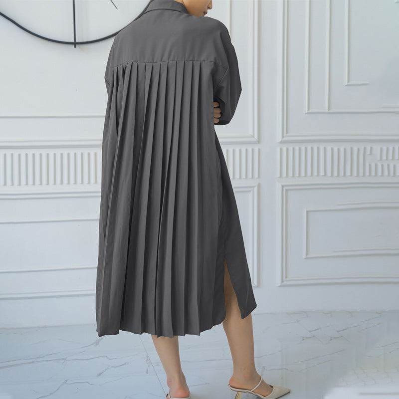 Spring Autumn Loose Overknee Dress Women Casual Large Version Back Pleated Long Shirt Dress - Wild Amber Fashion