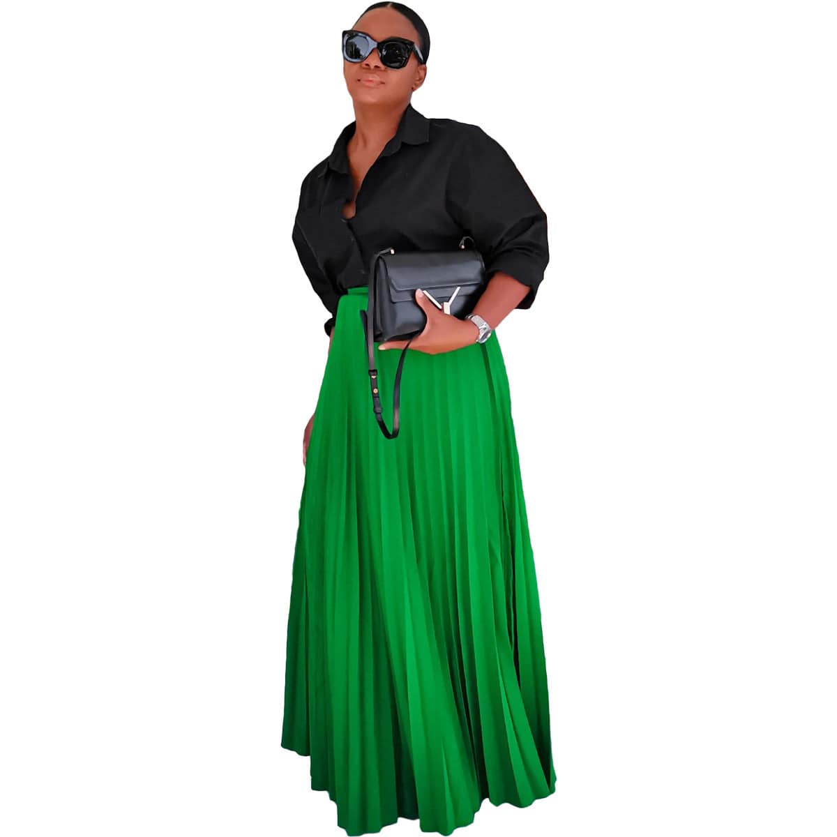 Elegant High Rise A-Line Maxi Skirt with Pleats  S Green 