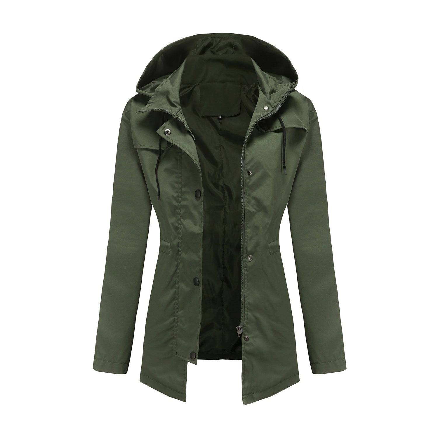 Mid-Length Hooded Nylon Windbreaker Raincoat for Women  S Army Green 