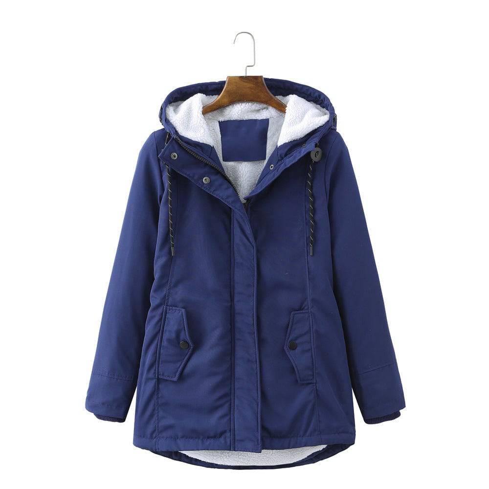 Ladies Hooded Lambswool Parka Winter Warm Waist Women Cotton-Padded Coat  S Navy Blue2 