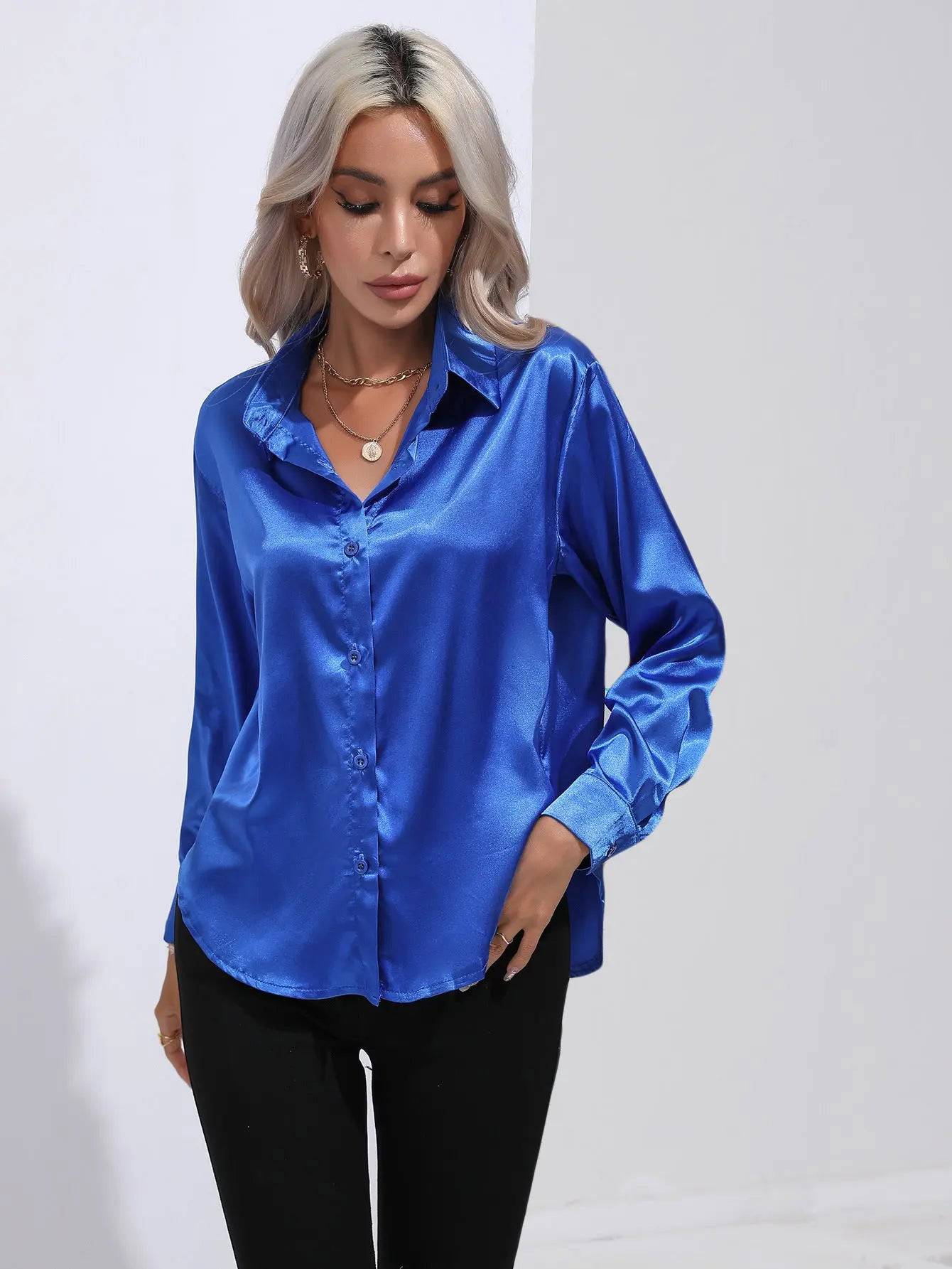 Elegant Satin Long Sleeve Shirt for Women - Spring/Summer Collection  S royal blue 