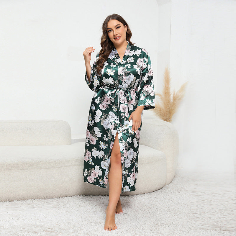 Plus Size Women Artificial Silk Satin Long Sleeved Pajamas Plump Girls Wearable Home - Wild Amber Fashion