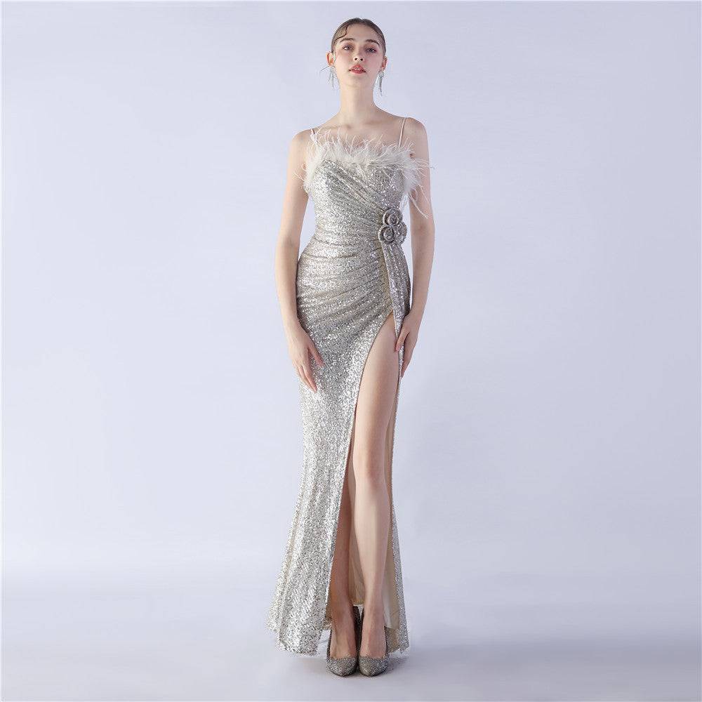 Exquisite Ostrich Feather Decorated Floral Evening Dress  S Apricot Silver 