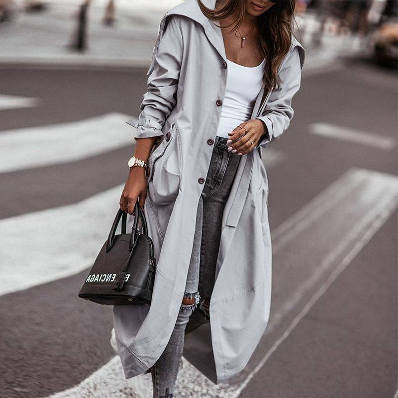 Stylish Mid-Length Trench Coat for Fall and Winter  S Light Gray 