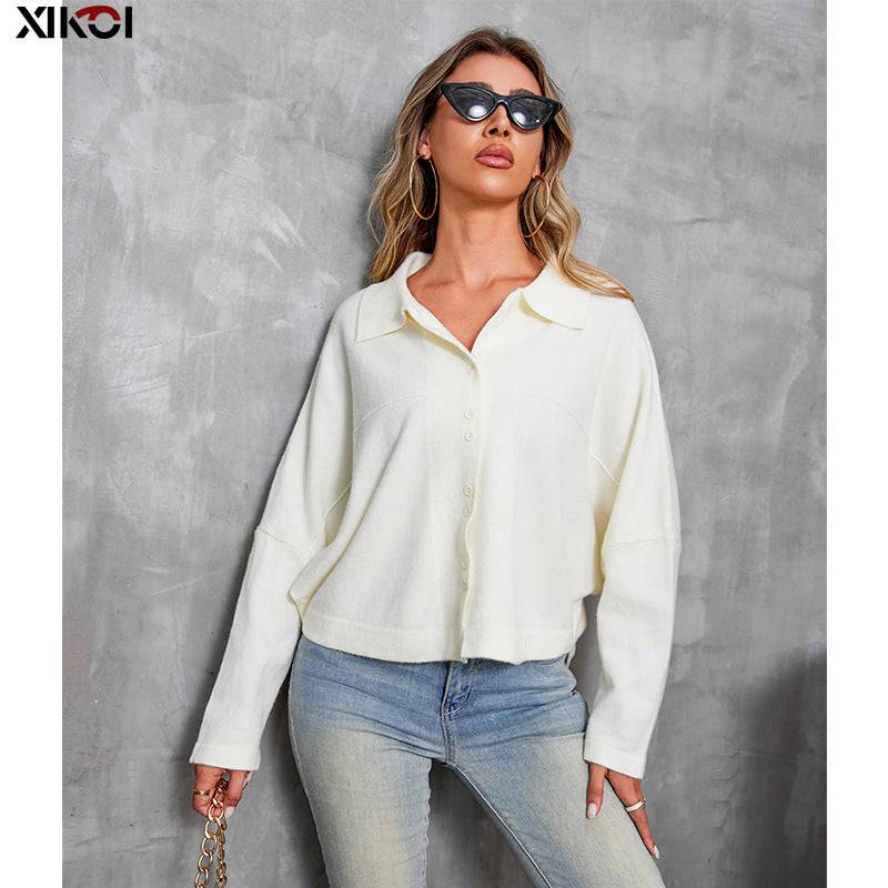 Fashionable Women's Polo Collar Batwing Sleeve Cardigan  One Size Apricot 