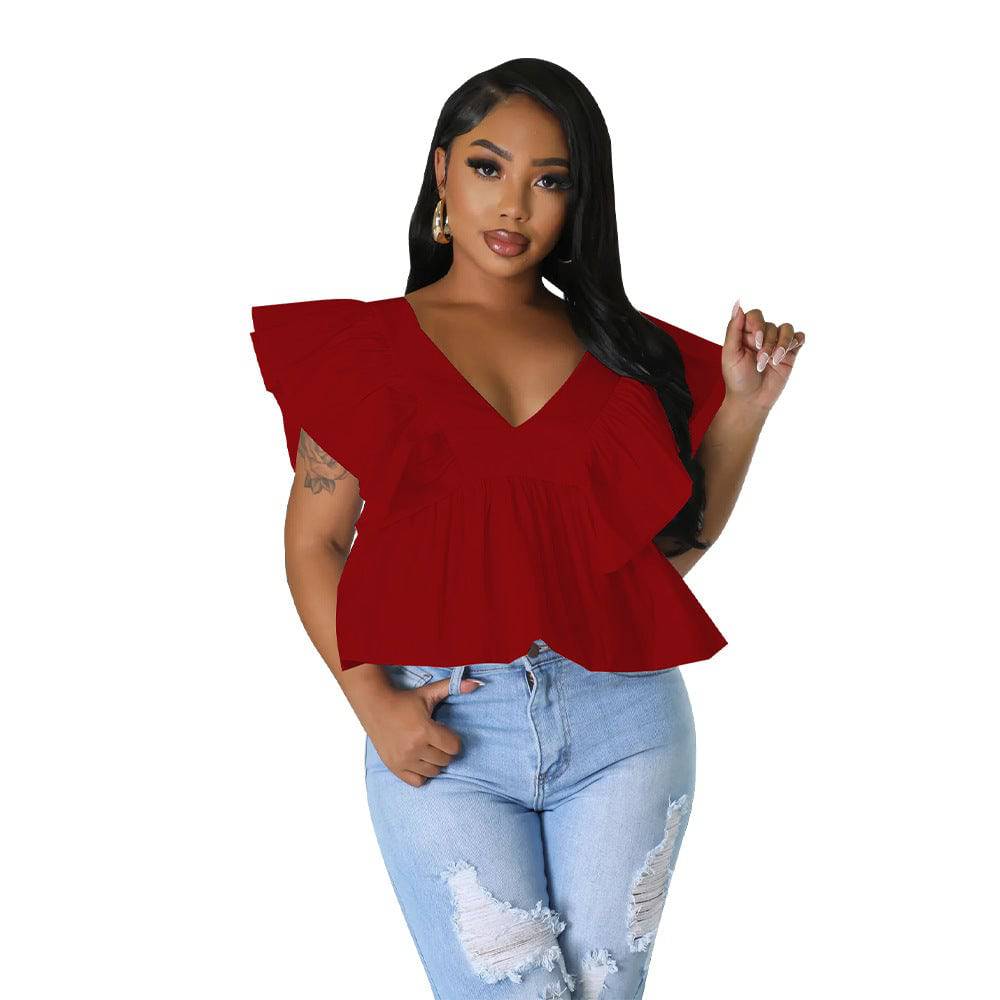 Elegant V-Neck Backless Lace-Up Flutter Sleeve Top  S Red 