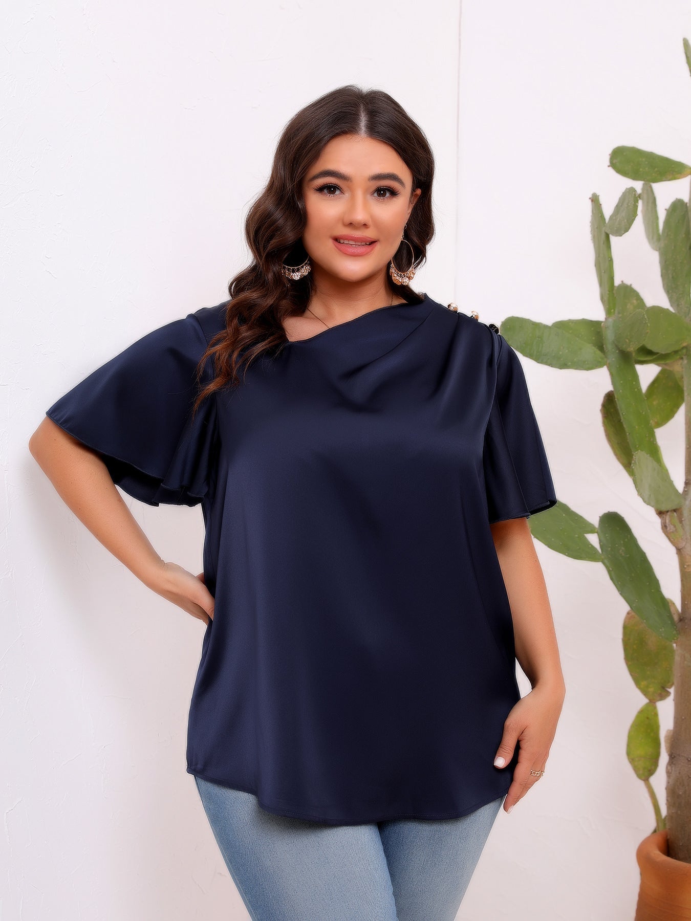 Plus Size Women Clothing Solid Color Satin Artificial Silk Pullover Oblique Shoulder Button Pleated Ruffle Sleeve Office Top Women Shirt - Wild Amber Fashion