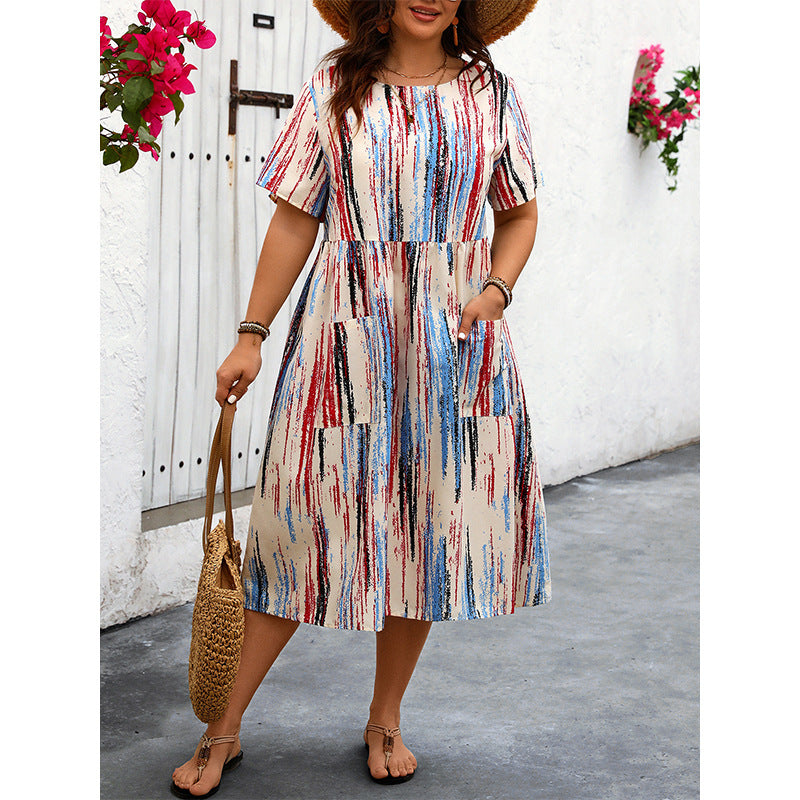 Plus Size Women Striped Printed Dress Spring Summer Product Loose Casual Pocket Maxi Dress - Wild Amber Fashion