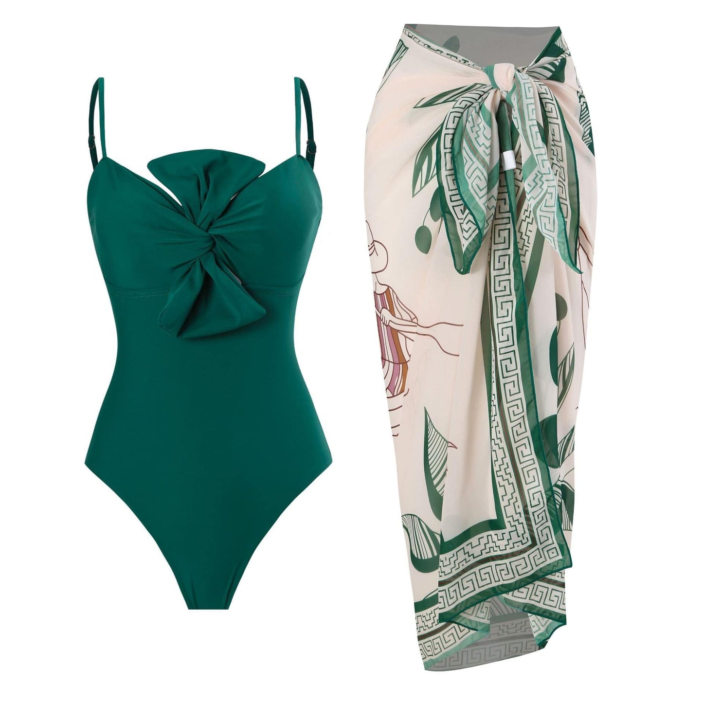 French Retro Bow Design One-Piece Swimsuit for Women  S Green Suit 