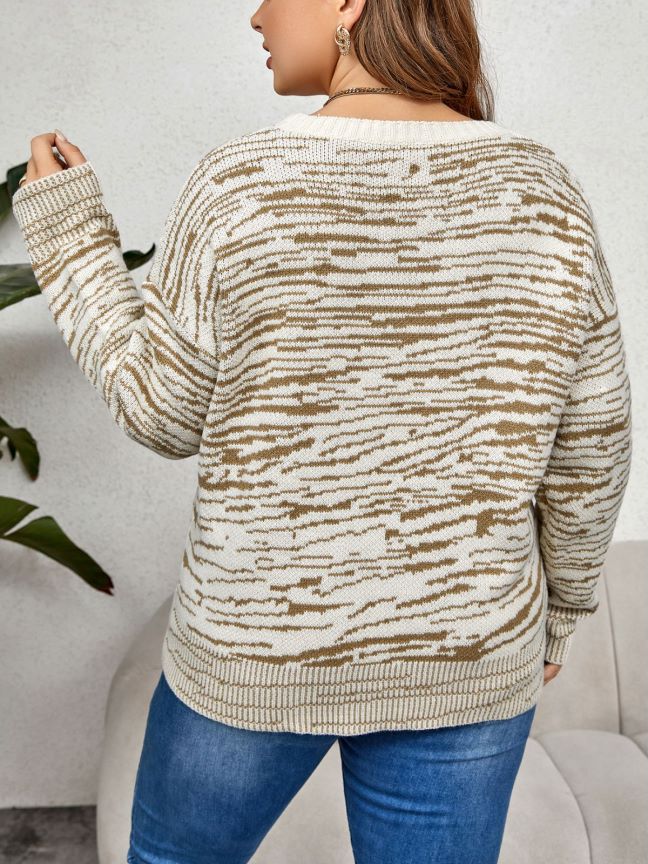 Plus Size Autumn Winter round Neck Striped Thick Pullover Sweater - Wild Amber Fashion