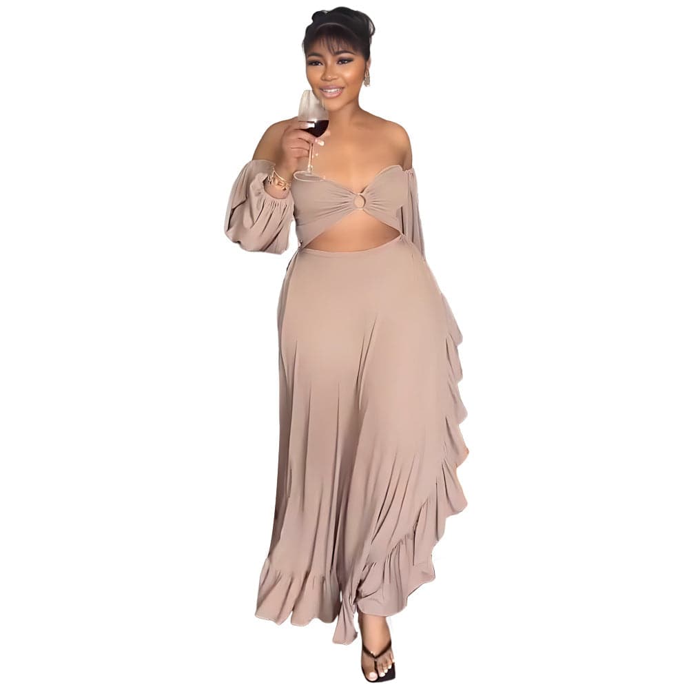 Sexy Off-Shoulder Ruffled Slit Maxi Dress for Women  S Khaki 