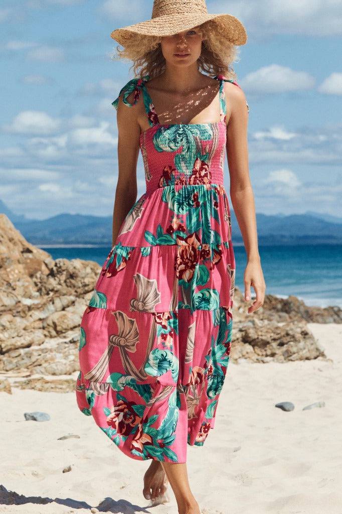 Floral Print Maxi Dress with Spaghetti Straps  S Red 