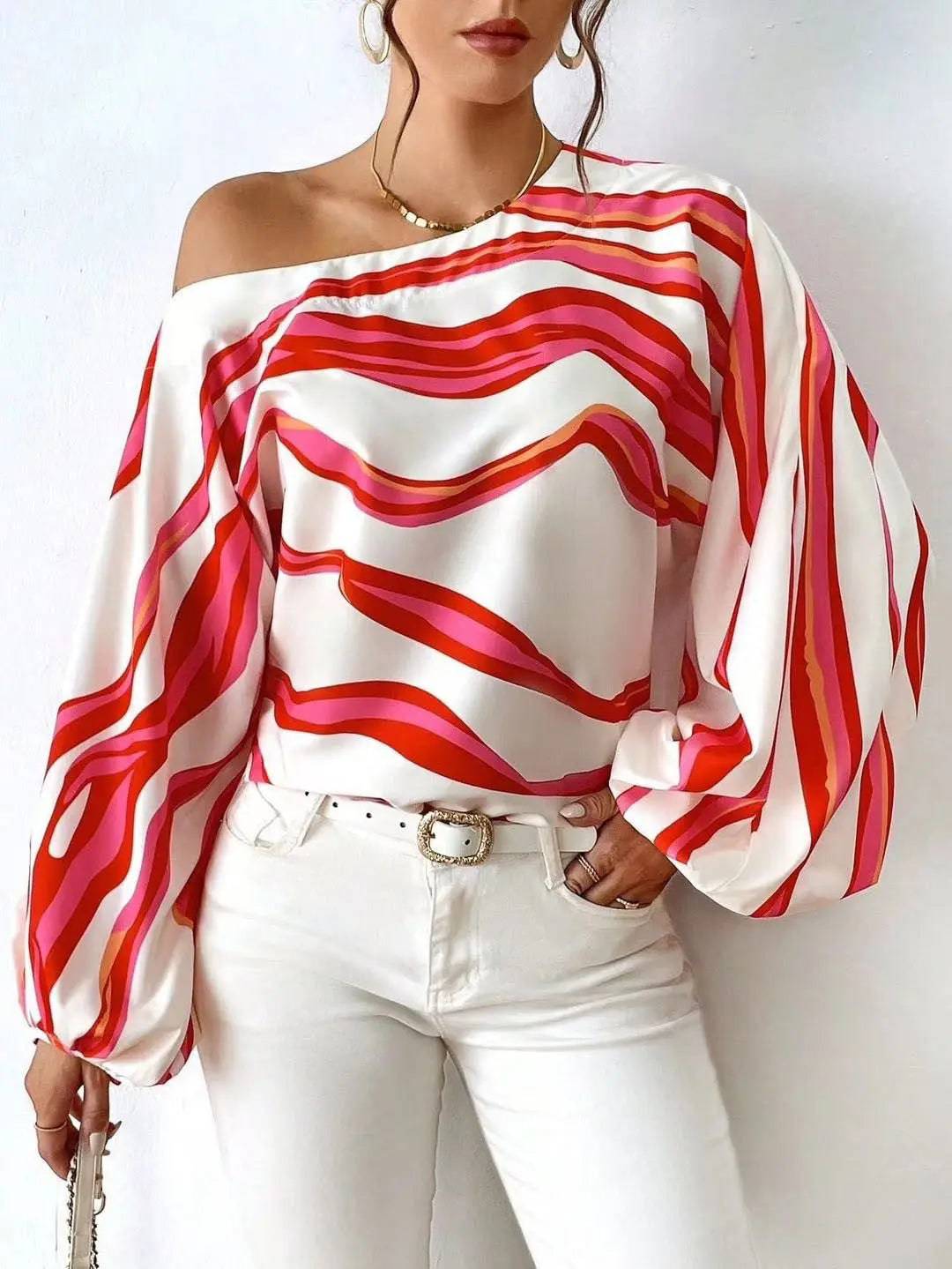 Elegant Printed Off-Shoulder Women's Shirt for Spring and Summer  S Red 