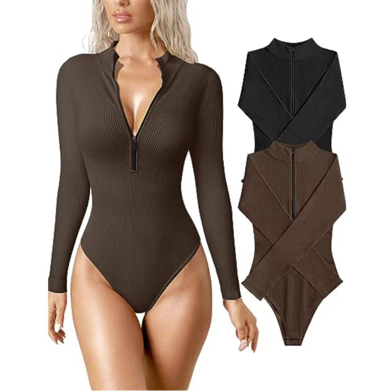 Long Sleeved Jumpsuit Sexy Ribbed One Piece Front Long Sleeve Zipper Top Jumpsuit  S Dark Brown 