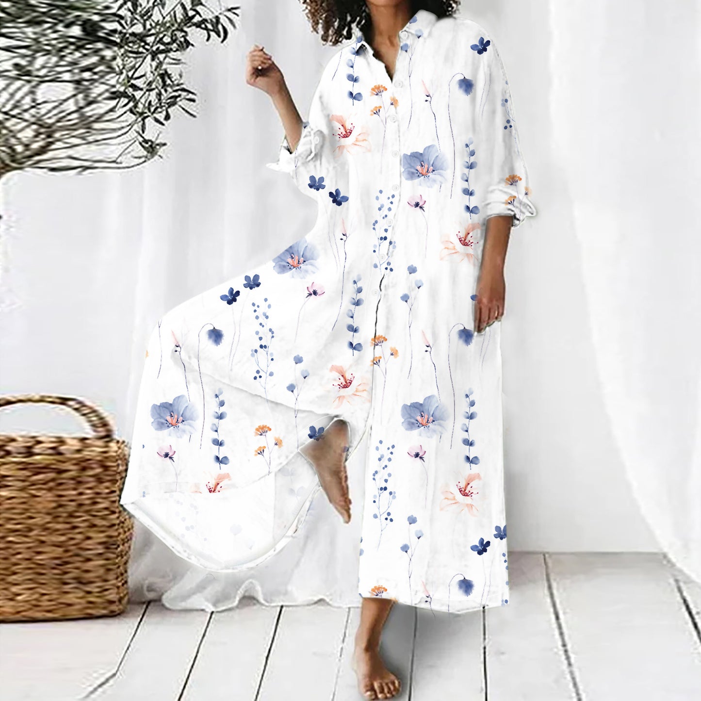 Plus Size Women Clothes Summer Women Wear Loose Printed Long Long Sleeve Jumpsuit - Wild Amber Fashion