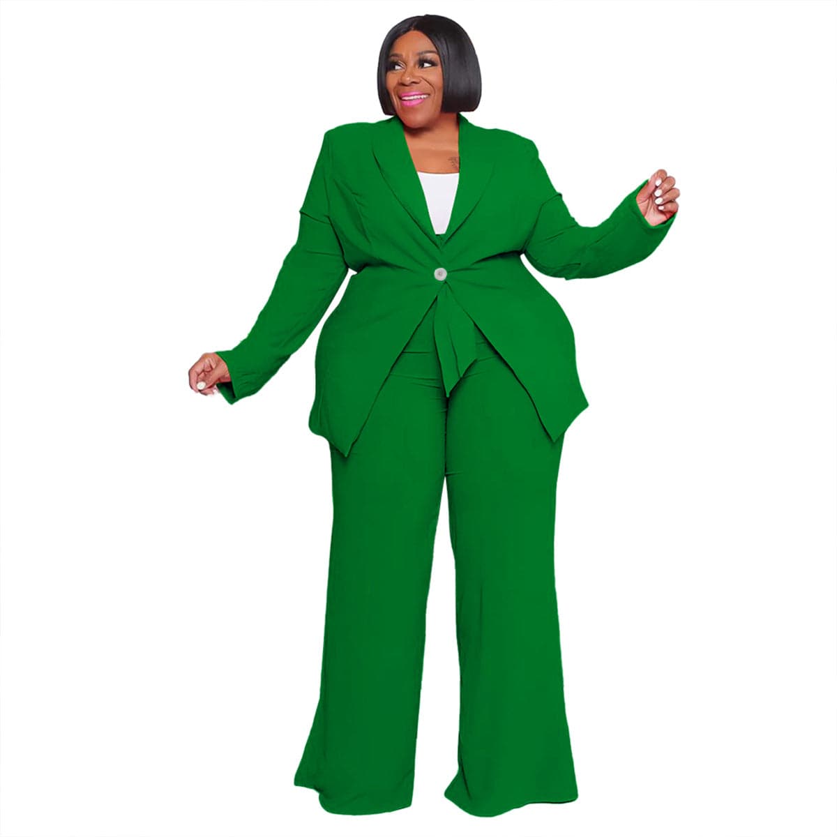 Professional Plus Size Women's Long Sleeve Pants Set with Lace-Up Detail  0XL Green 