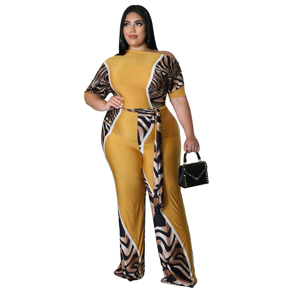 Sophisticated Baroque Printed Plus Size Jumpsuit Trousers for Women  L Yellow 