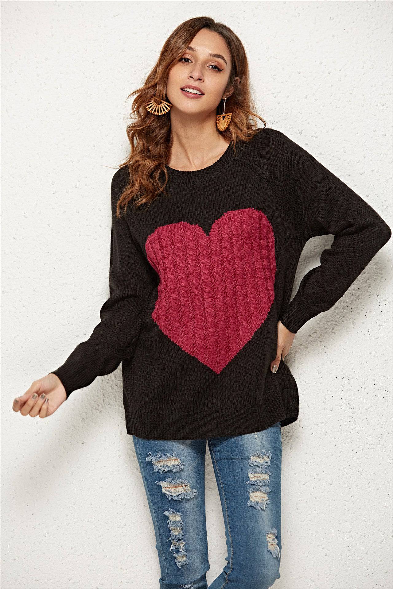 Knitwear Women Autumn Winter Women Knitwear Heart Trendy Pullover Sweater Women  M Black Rose Love 