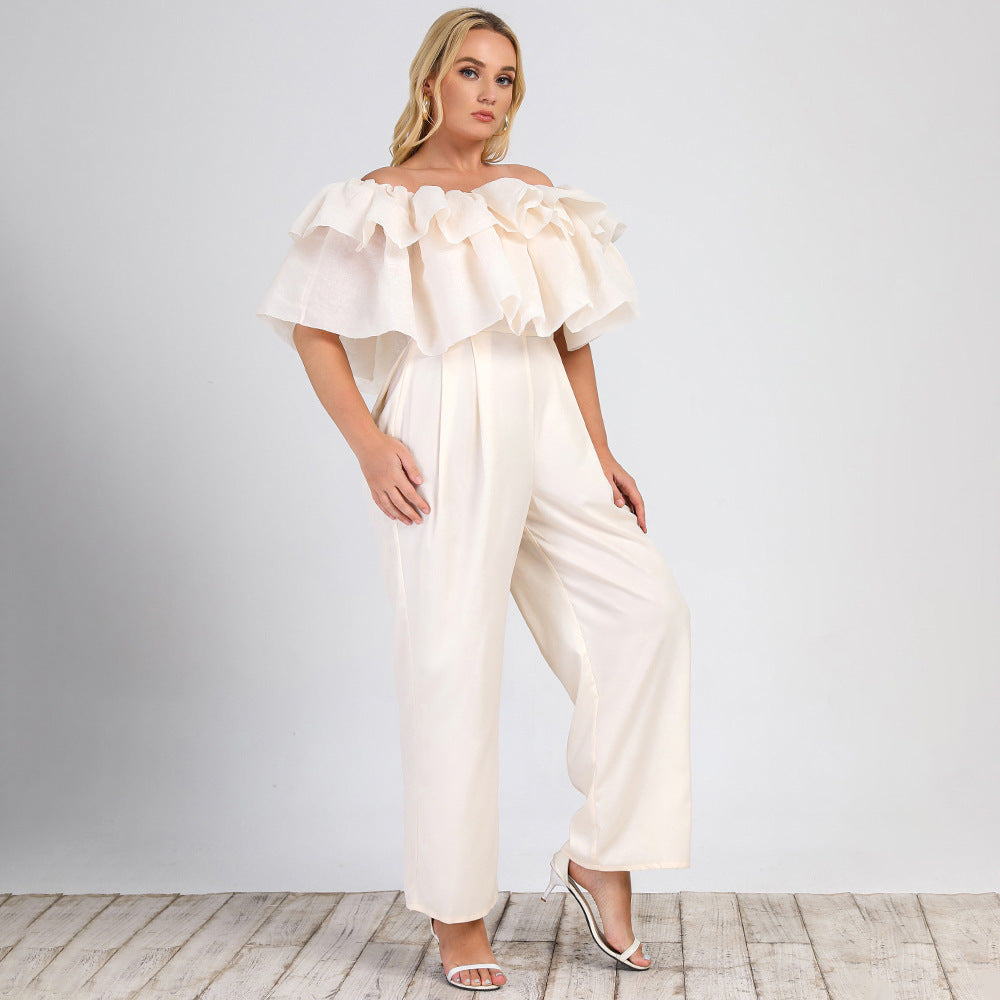 Plus Size Women Clothing Summer New Lotus Edge off-Shoulder Solid Straight-Leg Office Casual Pants Jumpsuit - Wild Amber Fashion