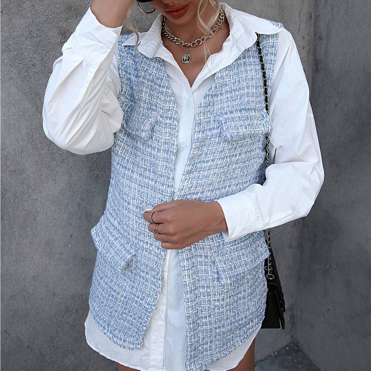 Houndstooth Design Mid Length Cardigan Vest Pocket Coat Plaid Vest Jacket Top Women  S Blue 