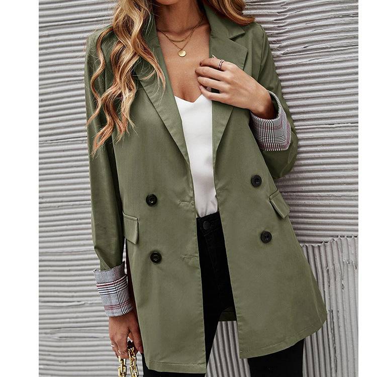 Slim Fit Double-Breasted Polo Collar Blazer for Women  S Army Green 