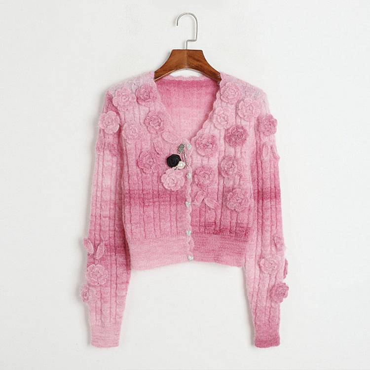 Floral Twisted Mohair Cardigan with V Neck  S Pink-2 