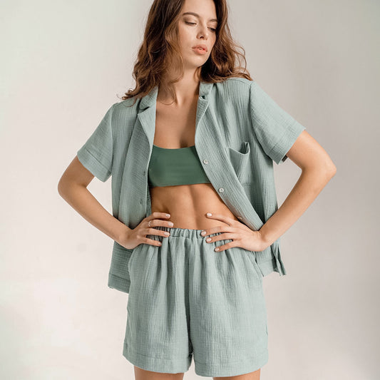 Women Summer Cotton Linen French Simplicity Sports Shirt Shorts Double Layer Gauze Pajamas Women Homewear - Wild Amber Fashion