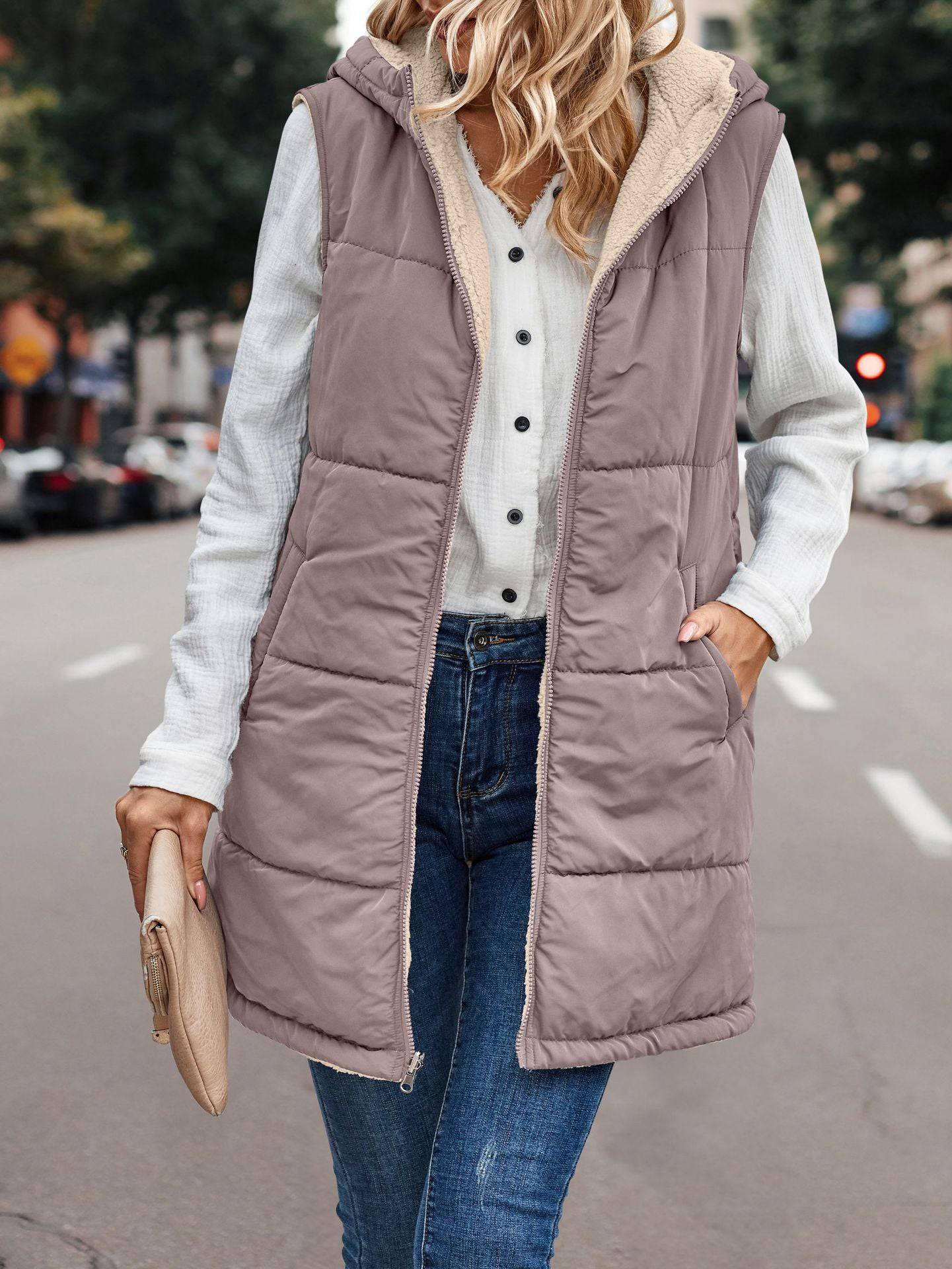 Simple Stitching Plush Double Sided Women's Hooded Vest with Zipper  S Bean Pink 